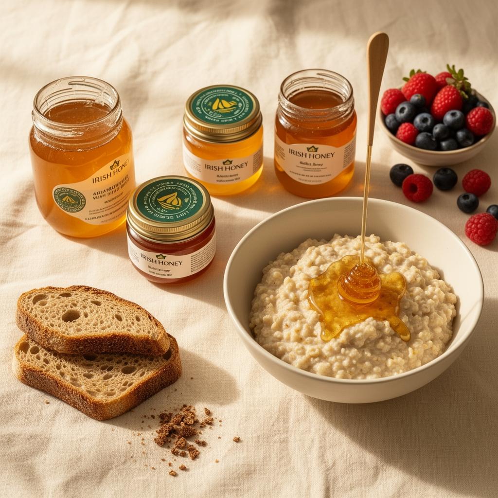 Irish honey breakfast spread with porridge, toast and berries